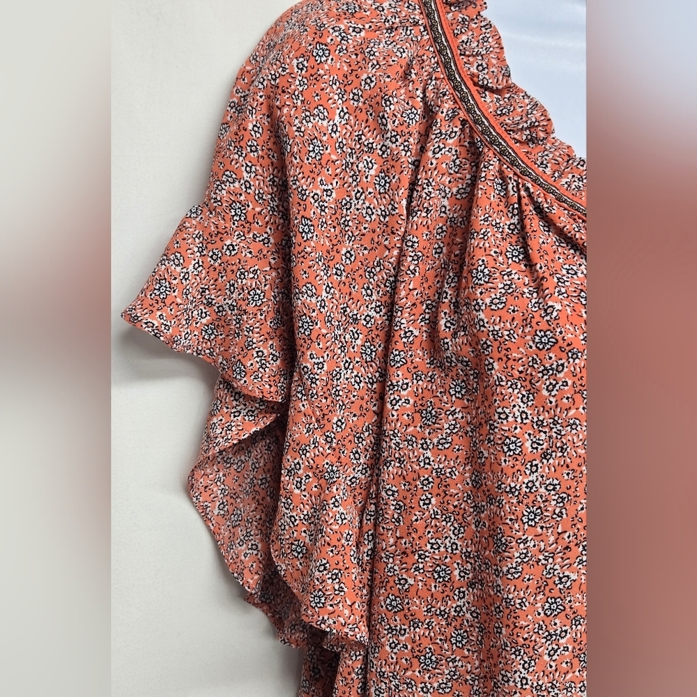 Max Studio 2X Top Lightweight V Neck Ruffled Trim & Sleeve Orange Floral Flowy - Picture 4 of 7
